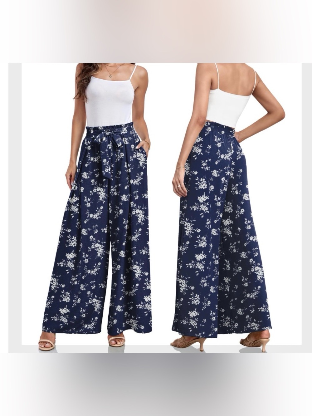 Women's Navy Floral Wide-Leg Pants with Tie Waist